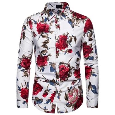 Imagem de Camisa masculina com estampa de flores slim fit manga longa abotoada camisa havaiana masculina streetwear camiseta floral para homens, Vermelho, PP