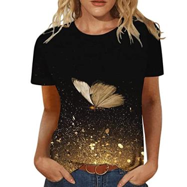 Imagem de PKDong Camisetas femininas estampadas para mulheres, camisetas com estampa de flores, gola redonda, manga curta, Dourado, XXG