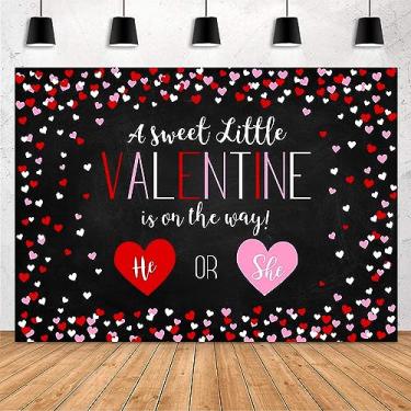Imagem de MEHOFOND Pano de fundo de revelação de gênero de dia dos namorados de 3 x 2 m para festa de revelação de coração decorações de chá de bebê ele ou ela faixa de fundo de fotografia para mesa de bolo