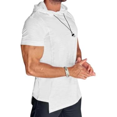 Imagem de Runcati Camiseta masculina casual com capuz manga curta moletom de treino de verão pulôver de malha de algodão, Branco, M