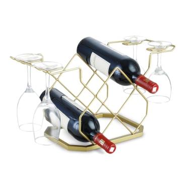 Imagem de XUCHUAN Suporte para garrafa de vinho de bancada com prateleira de vidro, comporta 5 garrafas de vinho e 4 copos, suporte de armazenamento independente para garrafas de vinho, 5 prateleiras