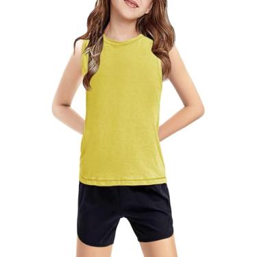 Imagem de Haloumoning Camiseta regata infantil sem mangas atlética leve linda verão roupa de dança 5-14 anos, Amarelo, 13-14 Anos