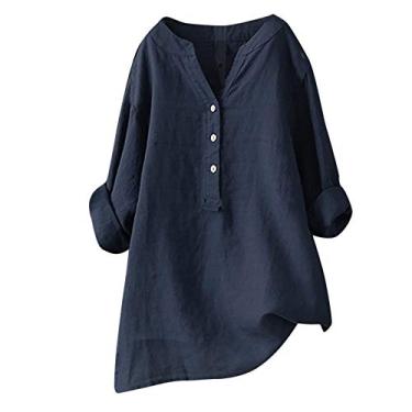 Imagem de Camisetas femininas de linho de algodão 2024 com botões e gola V e manga comprida na moda, casual, solta, confortável, Ofertas relâmpago azul-marinho, 5G