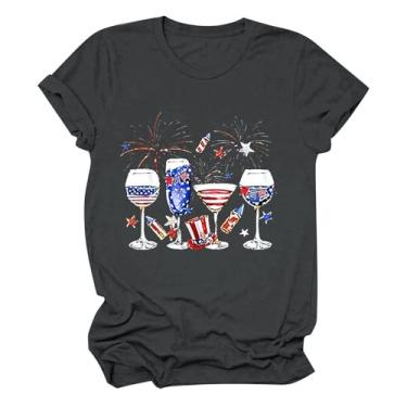 Imagem de Camisetas femininas Independent Day Graphic Blusas de manga curta folgadas camisetas patrióticas de verão, Cinza escuro, M