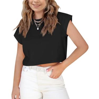 Imagem de Haloumoning Camisetas femininas de manga curta cropped manga enrolada gola redonda sólida solta camisetas básicas para o verão, Preto, 13-14 Anos