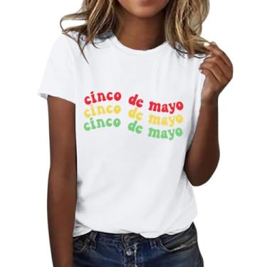Imagem de Camiseta feminina Summer De Mayo com estampa inglesa de manga curta e festa de verão mexicana, Branco-A, M