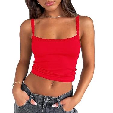 Imagem de AKLOPVII Camiseta feminina com acabamento em renda, alças finas, sem mangas, costas nuas, gola quadrada Y2K, Vermelho, M