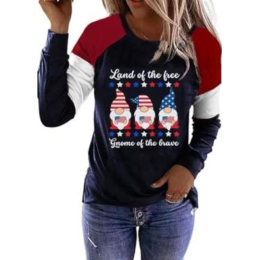 Imagem de Decogiver Camiseta feminina Memorial Day bandeira americana 4 de julho listras estrelas EUA manga longa patriótica, Gnomies com bandeira fofa, vermelho, GG