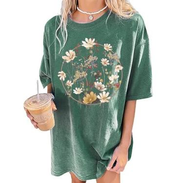 Imagem de Camiseta feminina floral de grandes dimensões com estampa inspiradora flores e plantas, Verde escuro - b, G