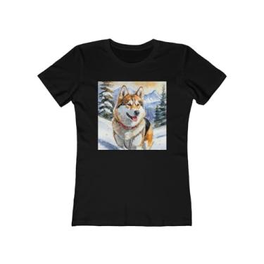 Imagem de Chinook 'Sled Dog' - Camiseta feminina justa de algodão torcido, Preto liso, P