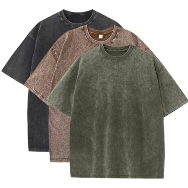 Imagem de Fkatuzi Camisetas masculinas lisas de algodão grandes para homens vintage streetwear camisetas básicas folgadas hip hop unissex tops camiseta lavagem ácida, C - preto - café - verde militar, XXG