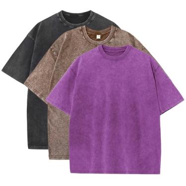 Imagem de Fkatuzi Camisetas masculinas lisas de algodão grandes para homens vintage streetwear camisetas básicas folgadas hip hop unissex tops camiseta lavagem ácida, C - preto-café-roxo, P