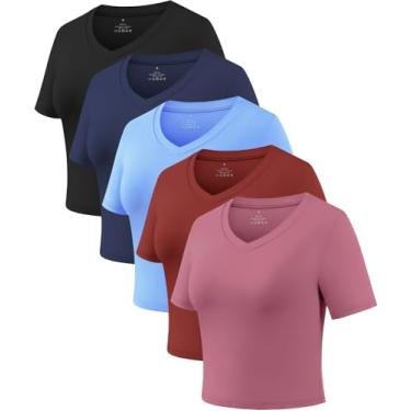 Imagem de Xelky Camiseta feminina cropped dry fit para treino, manga curta, lisa, gola V, casual, justa, Preto/Azul-marinho/Azul/Vinho/Ropink, M