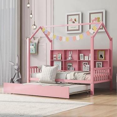 Imagem de GOWE Cama de casal de madeira com rodízio, cama infantil com prateleira, rosa