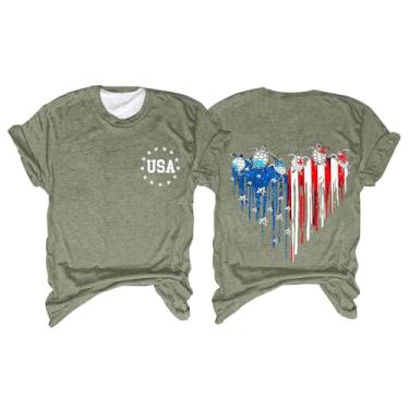 Imagem de Camiseta feminina moderna gola redonda manga curta Dia da Independência estampa bandeira americana liberdade família camada base feminina, Verde, XXG