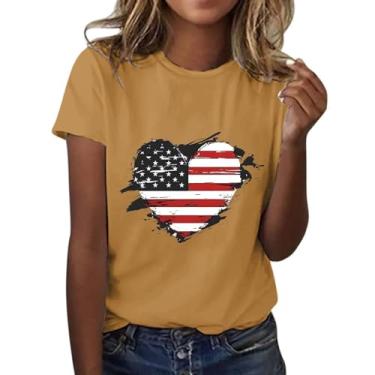 Imagem de Camiseta feminina com estampa de coração com bandeira americana do Dia da Independência de 4 de julho, vermelha, branca, azul, túnica patriótica, casual, Amarelo, M