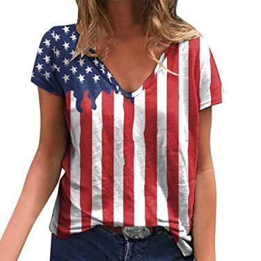 Imagem de 4th of July Tops for Women American Flag Stars Stripes Print Graphic Shirts Túnica Patriótica Solta Gola V Blusa Verão, Vermelho, GG