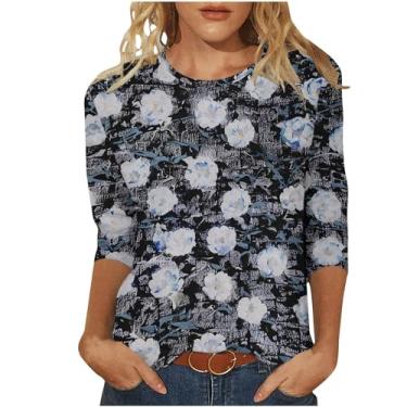 Imagem de Camiseta feminina de manga 3/4 com estampa de flores, gola redonda, casual, elegante, folgada, confortável, Azul marino, M
