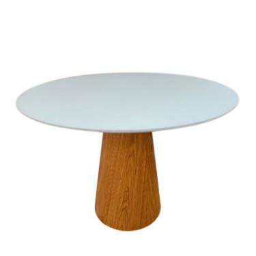Imagem de Mesa de Jantar Redonda Cone 90 cm Tampo Laca Branca Base Freijó