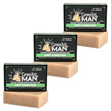 Imagem de Grown Ass Man Co. Barras esfoliantes corporais – Sabonete sólido com espuma rica com óleos naturais e esfoliante suave para homens – Livre de plástico e ecológica, limpeza profunda natural e orgânica para todos os tipos de pele, barra de 118 g (esfoliante grosso), pacote com 3 unidades