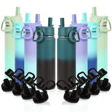 Imagem de Volhoply Garrafa de água isolada de aço inoxidável de 590 ml com tampa de palha, pacote com 8, copos infantis de parede dupla com alça, garrafas de metal reutilizáveis para esportes ao ar livre