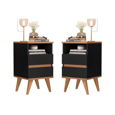 Imagem de Kit Mesa de Cabeceira 2 Gavetas e Nicho Retrô Pés Plastico Quarto Cama - Pop (Preto/Nature)