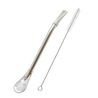 Imagem de Colher de palha de aço inoxidável com filtro, erva mate bombilla, coador de chá de cabo longo, para beber chá de folhas soltas, sopa, bebida, café agitado com escova de limpeza (1 peça prata)