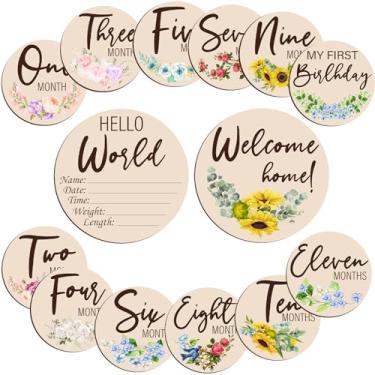 Imagem de Marco mensal do bebê, discos marcadores de marcos mensais de madeira, 7 adereços reversíveis para fotos, placa de anúncio de nascimento de jornada de gravidez, conjuntos de presente para bebês meninos