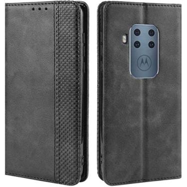 Imagem de Capa para Motorola One Zoom, carteira retrô de couro PU à prova de choque com suporte para cartão e fecho magnético para Motorola Moto One Zoom (preto)