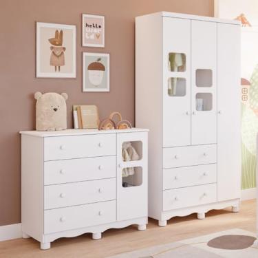 Imagem de Quarto de Bebê Completo com Guarda Roupa 3 Portas Cômoda Uli 4 Gavetas Móveis Peroba Branco Brilho