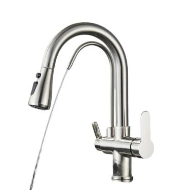 Imagem de Torneira com filtro de água, torneiras de cozinha, torneira com filtro de alça dupla, misturador, rotação de 360 graus, torneiras com recurso de purificação de água, níquel escovado