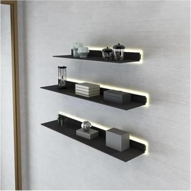 Imagem de Conjunto de 3 prateleiras flutuantes montadas na parede, prateleira de parede iluminada com LED embutido, expositores de aço carbono, prateleiras de exibição de metal leve e criativas para a