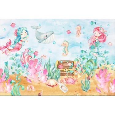 Imagem de Painel de Lona Fundo do Mar Aquarela Sereia e Peixes Baú do Pirata - F