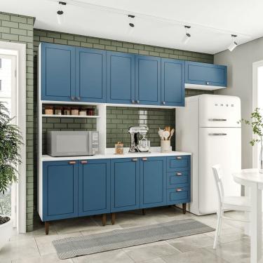 Imagem de Cozinha Pérola com Tampo 4 Peças Paneleiro/torre Quente Aéreo 3 Portas Balcão 120 e Basculante Yesca Branco/Azul