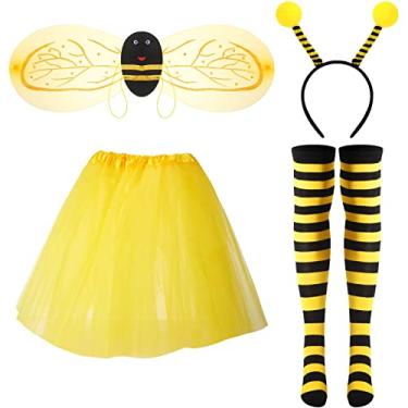 Imagem de Conjunto de 4 peças de fantasia feminina de abelha amarela, antena, saia tutu listrada, meias para Halloween, festa de abelha, cosplay, Abelha, about 40 cm