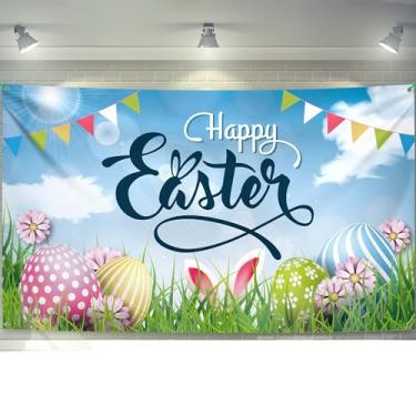 Imagem de Decorações de banner de páscoa grande e feliz - 182 x 114 cm | Banner de coelhinho da páscoa para decorações de festa de páscoa | Pano de fundo de páscoa para a casa | Banner de primavera de páscoa para decorações de primavera