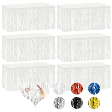 Imagem de Bouiexye Pacote com 6 saias de mesa com franja branca de 75 x 272 cm, saias de mesa descartáveis para mesas retangulares, cortinas, pano de fundo, desfile, boias de casamento, chá de bebê,