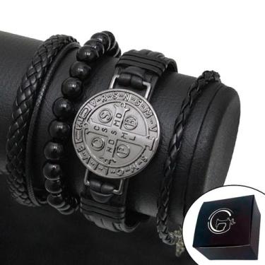 Imagem de KIT C/04 Pulseiras Couro Masculina Medalha de São Bento Grafite - GRAN
