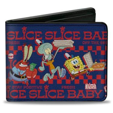 Imagem de Buckle-Down Carteira Bob Esponja Calça Quadrada, Dobrável, Bob Esponja Calça Quadrada Krusty Krab Crew Slice Slice Baby Pose, Couro Vegano, Azul, 4.0" x 3.5", Casual