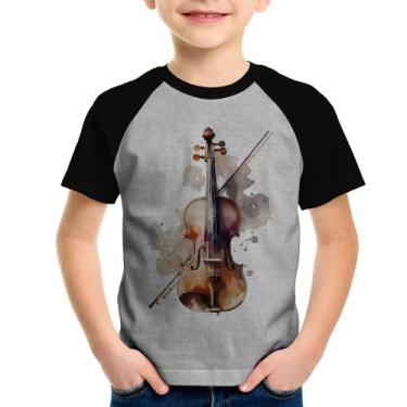 Imagem de Camiseta Raglan Infantil Violino - Foca na Moda, Cinza, Preto, 2