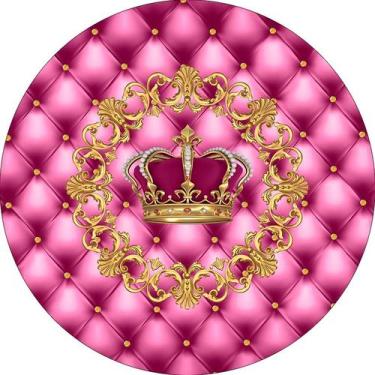 Imagem de Painel De Festa Redondo 1,50x1,50 - Realeza Coroa Rosa Pink e Dourado 