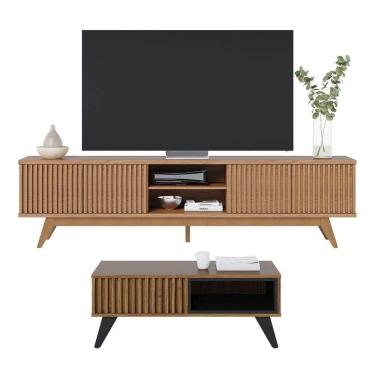 Imagem de Kit Sala de Estar com Rack Para TV Ripado e Mesa de Centro Noce Preto Colibri