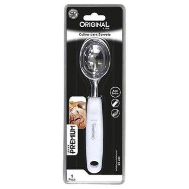 Imagem de Colher Concha De Sorvete De Inox Cabo Branco Premium 20Cm Na Cartela -