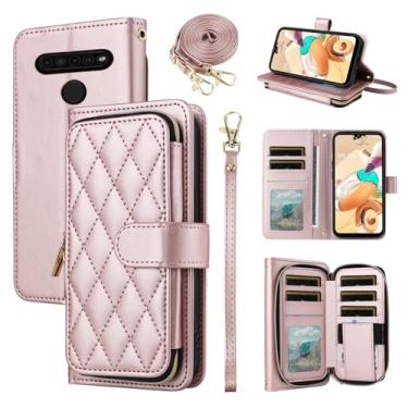 Imagem de Furiet Argyle Capa carteira para LG K61/Q61/K51S/K41S com alça de pulso alça de ombro 9+ compartimento para cartão bolsa com zíper bolsa de luxo couro PU suporte capa de celular xadrez para K 61 51S