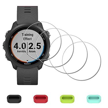 Imagem de iDaPro [Pacote com 4] Protetor de tela para Garmin Forerunner 245 Music / Smartwatch 245 + plugues de silicone antipoeira vidro temperado anti-arranhões sem bolhas