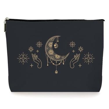 Imagem de ZYQFN Bolsas de maquiagem para cosméticos de bruxa em ouro preto, presentes de Halloween de tarô gótico bruxo para mulheres, bolsa de bruxa para decoração de bruxa estética, bolsa com zíper de