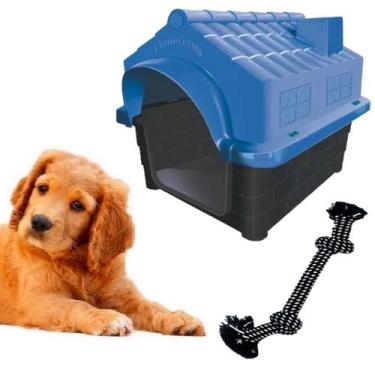 Imagem de Kit Casa Dog Pet N3 Azul E Mordedor Corda Trançada Chalesco - MecPet