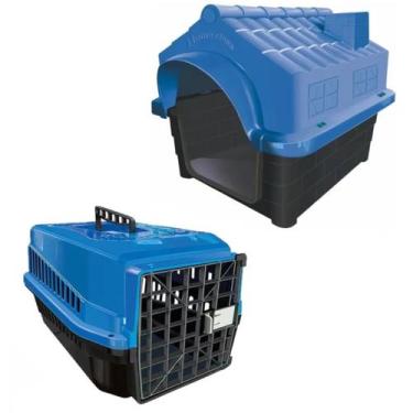 Imagem de Caixa Transporte Cães Porte Médio Azul + Casa Pet N3 Azul - MecPet