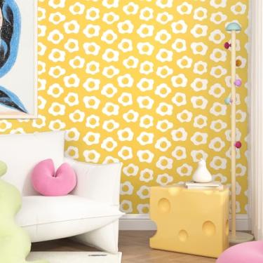 Imagem de Mangoloo Papel de parede Boho Yellow Egg Peel and Stick removível autoadesivo desenho animado bonito abstrato murais para quarto de crianças quarto banheiro armário ovo vara no papel de parede papel