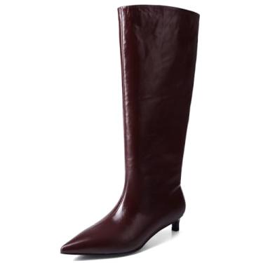 Imagem de VOZTOLLS Botas Femininas De Cano Alto, Bico Fino, Salto Baixo, Salto Alto, Couro Sintético, Botinhas Longas, Cor De Vinho, Tamanho 10